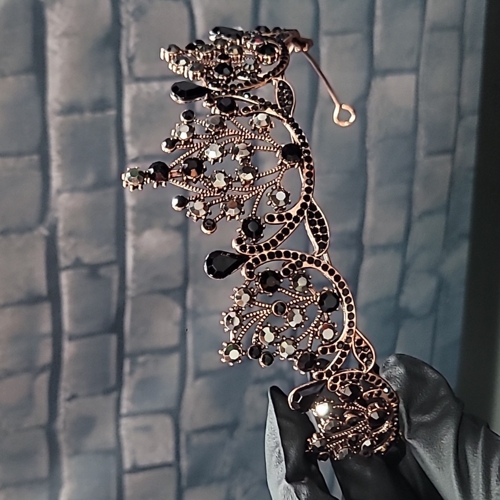 Elegant Metal Rose Gold Tiara with Gun Metal & Black Rhinestone Accents